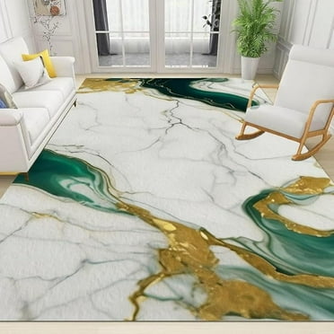 Modern Abstract Marble Emerald Green Area Rug, Grey Gold Rug For Living Room Bedroom Soft Rugs Under Dining Table Aesthetic Home Office Non-Slip Carpet 3 x 4ft