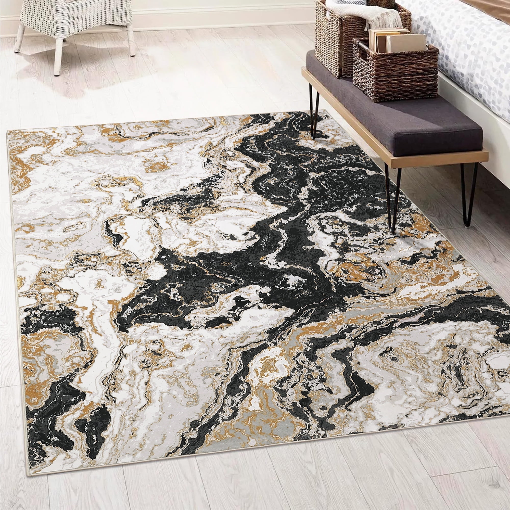 Modern Abstract Marble Print Area Rug 4' x 6'– Soft, Washable, Non-Slip & Non-Shedding(Black)