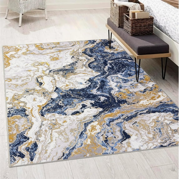 Modern Abstract Marble Print Area Rug 4' x 6'– Soft, Washable, Non-Slip & Non-Shedding(Navy Blue)