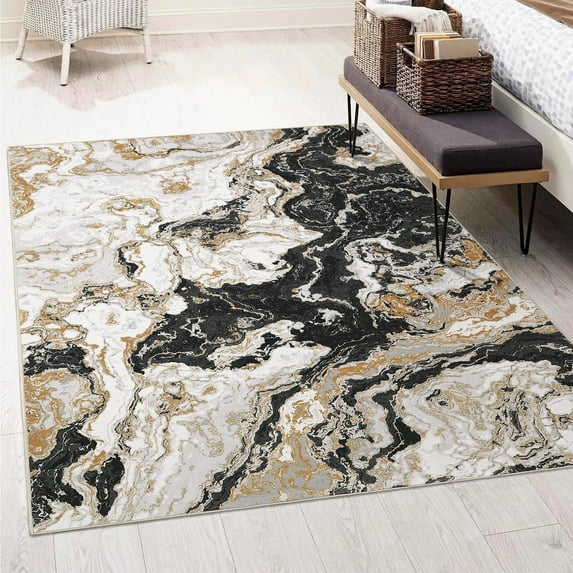 Modern Abstract Marble Print Area Rug 5' x 7'– Soft, Washable, Non-Slip & Non-Shedding(Black)