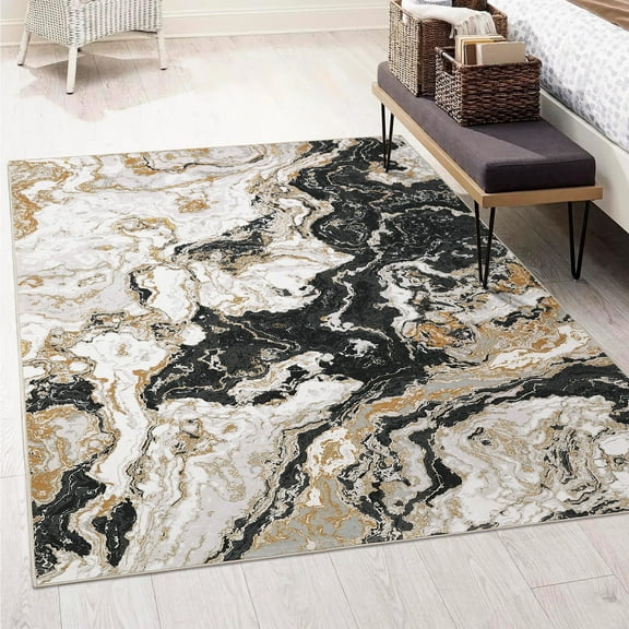 Modern Abstract Marble Print Area Rug 6' x 9'– Soft, Washable, Non-Slip & Non-Shedding(Black)