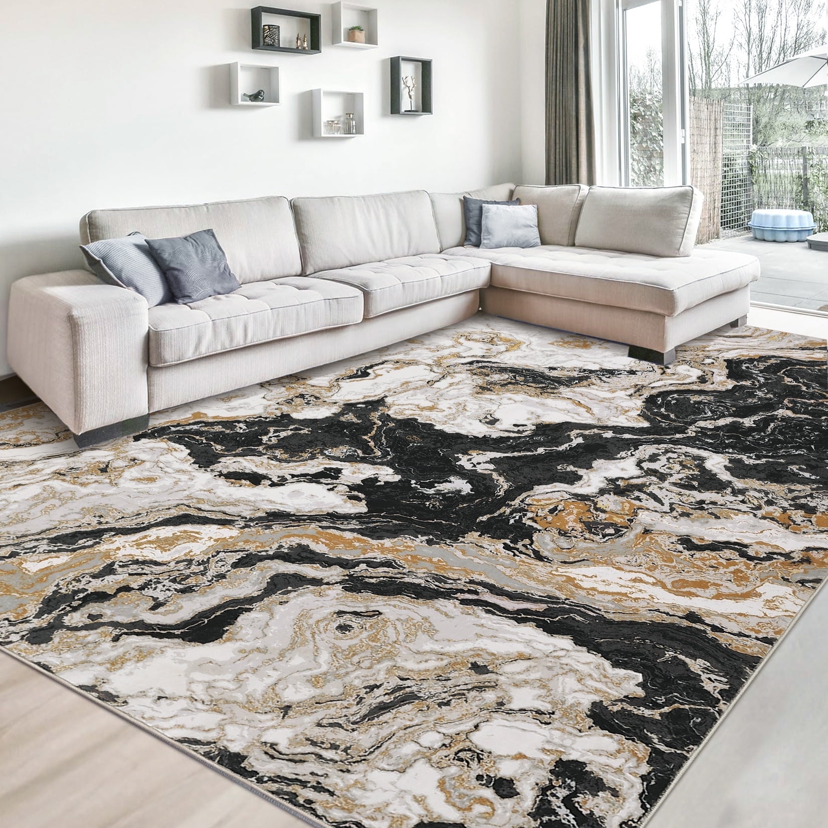 Modern Abstract Marble Print Area Rug 9' x 12'– Soft, Washable, Non-Slip & Non-Shedding(Black)