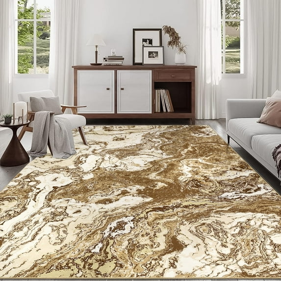 Modern Abstract Marble Print Area Rug 9' x 12'– Soft, Washable, Non-Slip & Non-Shedding(Khaki)