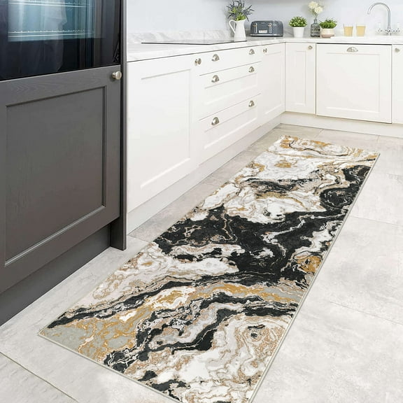 Modern Abstract Marble Print Runner Rug 2' x 8'– Soft, Washable, Non-Slip & Non-Shedding(Black)