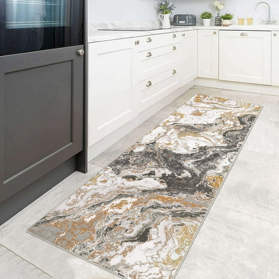 Modern Abstract Marble Print Runner Rugs 2' x 6'– Soft, Washable, Non-Slip & Non-Shedding(Gray)