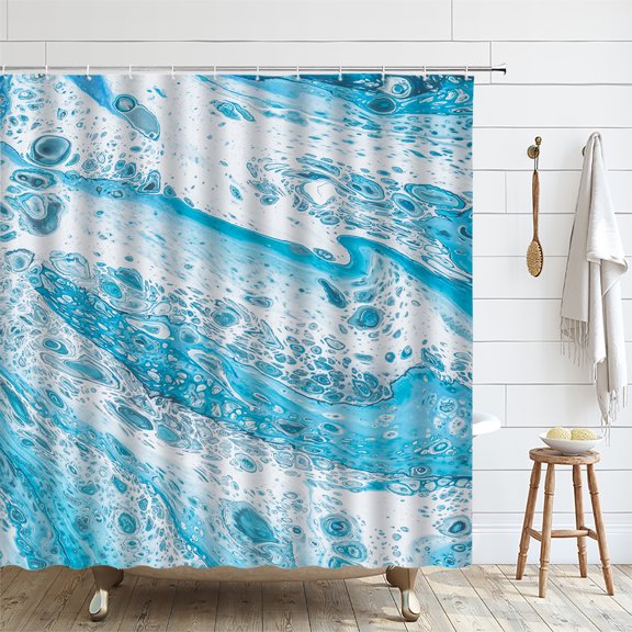Modern Abstract Marble Shower Curtain with Blue Golden Stripes Art Waterproof Fabric Bath