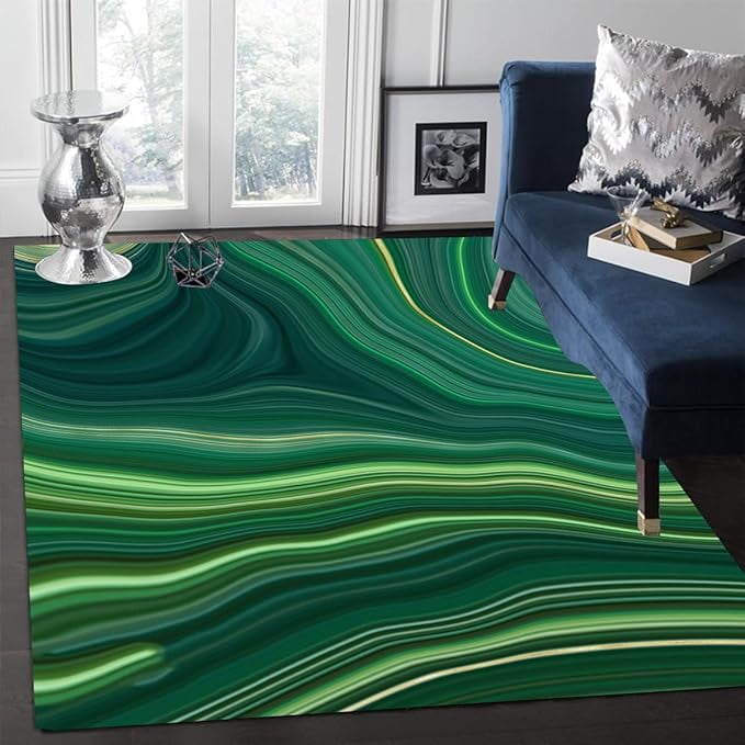 Modern Abstract Marble Swirl Green Gold Area Rug For Living Room ...