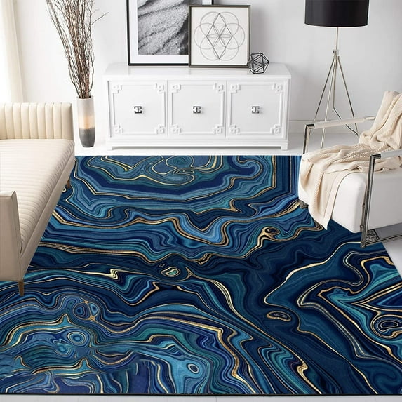 Modern Abstract Marble Swirl Navy Gold Washable Area Rug for Livingroom Bedroom Non-Shedding Aesthetic Rug Under Dining Table Office Kitchen Hallway Rug 4x6ft