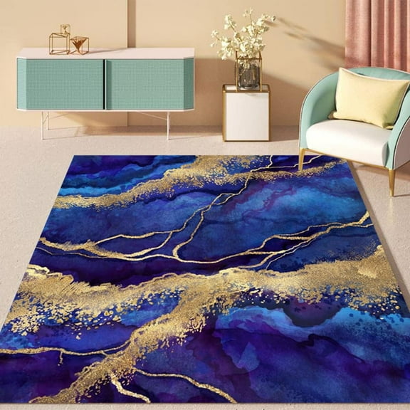 Modern Abstract Marble Swirl Royal Blue Gold Washable Area Rug for Livingroom Bedroom Aesthetic Carpet Under Dining Table Indoor Hallway Kitchen Office Rug 3x5ft