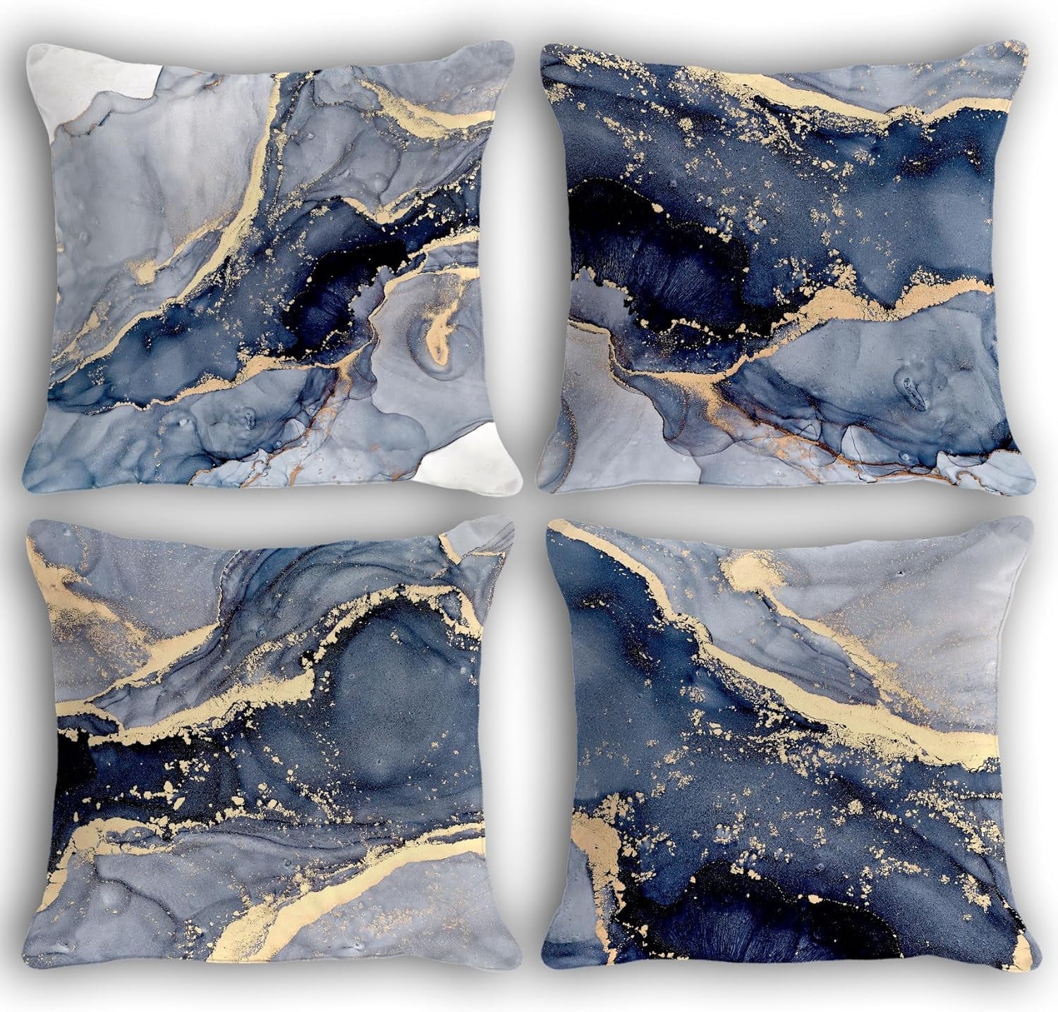 Modern Abstract Marble Texture Blue Gold Watercolor Print Art Home Bedroom Decorations Soft Throw Pillow Cover, Minimalist Drawing Pillow Case Pillowcase, 16x16 Inch 4 Pcs