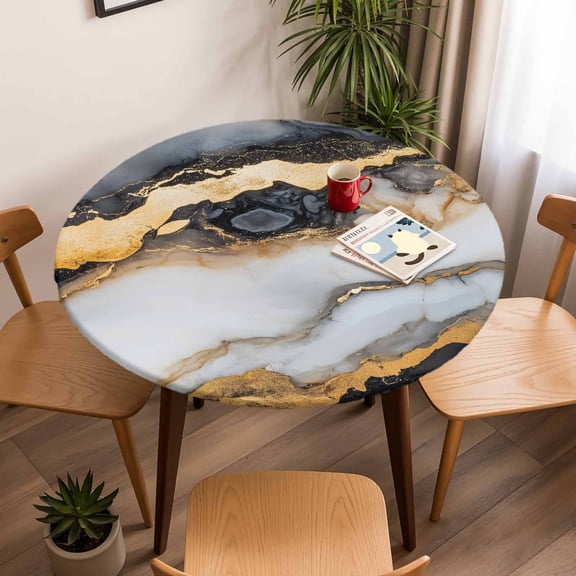 Modern Abstract Marble Texture Round Fitted Tablecloth with Elastic Edge,Waterproof Table Cloth Fits Tables Up to 45"-54",Wipeable Washable Table Cover for Indoor Outdoor,Natural Stone Crack Ombre