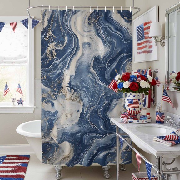 Modern Abstract Marble Texture Shower Curtain for Bathroom, Gradient Blue Wavy Waterproof Shower Curtains Washable Quick Dry with Hooks Bathtub Curtains 36x72IN