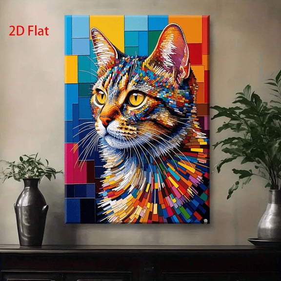 Modern Abstract Mosaic Cat Wall Art - Vibrant Multicolor Tabby Cat Painting with Expressive Eyes, Wrapped Canvas Frame, Flat 2D Flat Panel Design for Living Room, Bedroom
