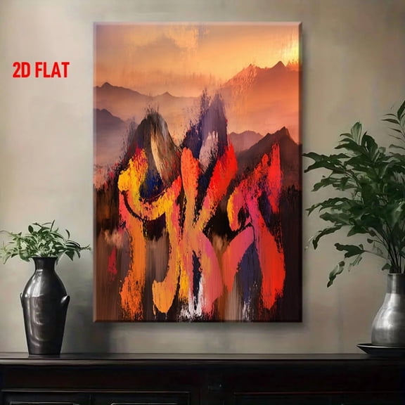Modern Abstract Mountain Landscape Canvas Painting - Orange Red Yellow Blue Purple Graffiti Art Wall Decor, Wrapped Framed 2D Flat Print for Living Room