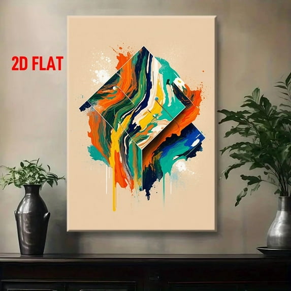 Modern Abstract Multicolor Geometric Fluid Art Painting - Turquoise Blue, Green, Mustard Yellow, Navy & Golden Marbled Wall Decor - Wrapped Canvas Frame Abstract Fluid Painting for, Office - Beige Ne