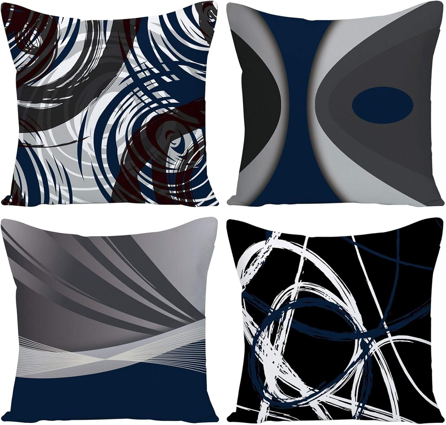 Modern Abstract Navy Blue Stripes Pillow Covers Set of 4 18x18 Inch Bold Grey Decorative Pillow Cases for Home Decor Enhance Your Living Room with Contemporary Acrylic Art