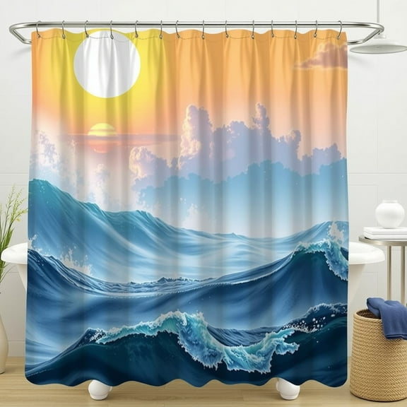 Modern Abstract Ocean Shower Curtain - Blue Waves & Pale Orange Sky