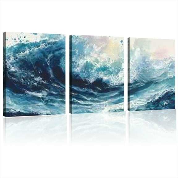 Modern Abstract Ocean Wave Canvas Wall Art Wrapped Canvas Frame, Minimalist Home Decor for Living Room, Bedroom, or Office, Horizontal Geometric Design, Indoor Use, Spring/Autumn Theme 12*16inch*3pcs