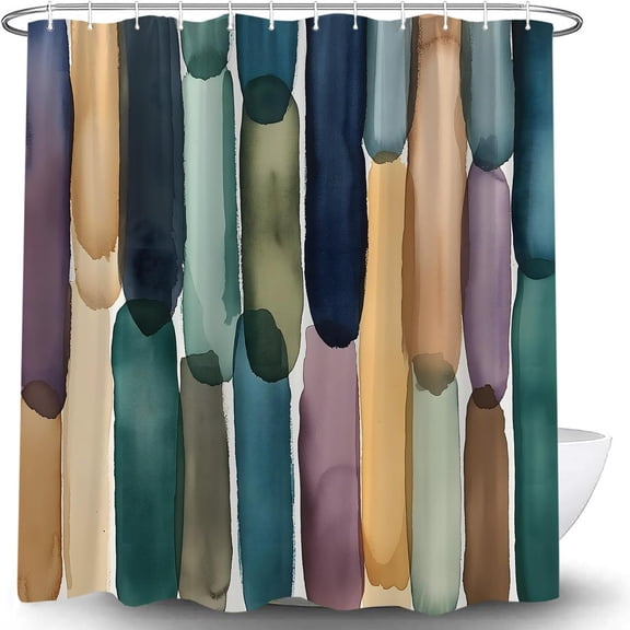 Modern Abstract Oval Shower Curtain, Colorful Geometric Watercolor Waterproof Bathroom Curtain with Hooks, Minimalist Bathroom Decor 54"W x 78"H
