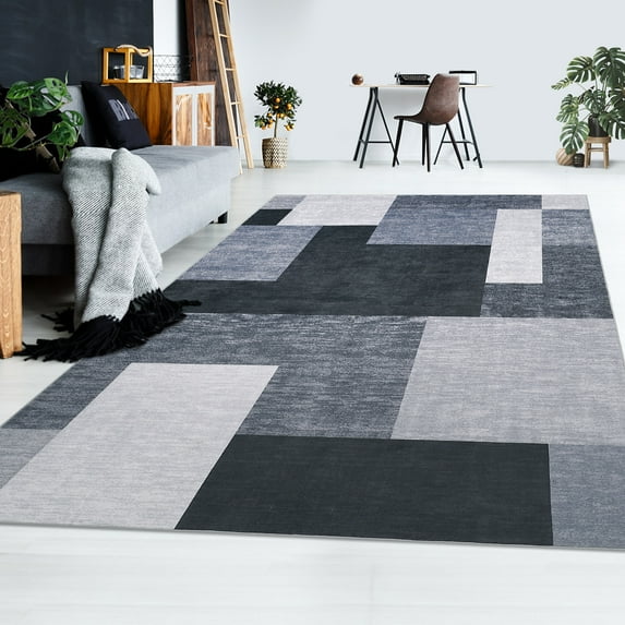 Modern Abstract Plaid Area Rug, Stain Resistant Low-Pile Non-Slip Floor Carpet