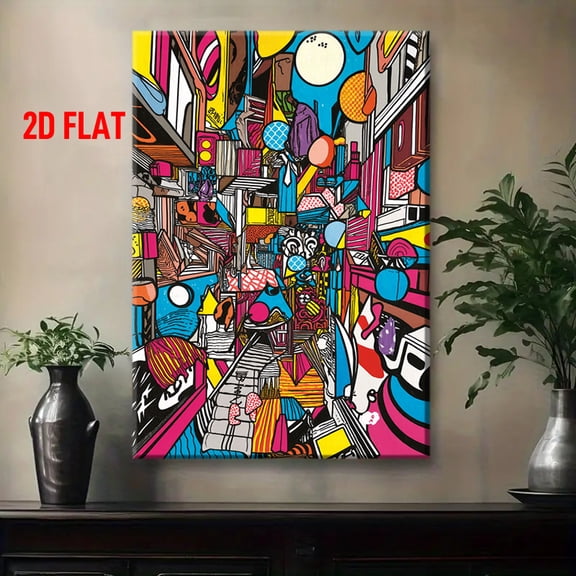 Modern Abstract Pop-Art Geometric Mosaic Wall Art - Multicolor 2D Painting with Pink, Blue, Yellow, Green, Black, White, Red, Purple, Orange - Wrapped Canvas Frame for