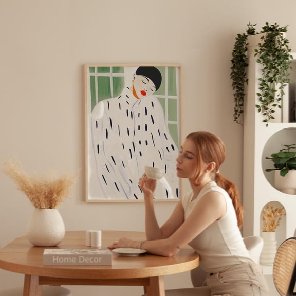 Modern Abstract Portrait Print, Serene Figureblack And White Dotted Coat, Minimal Decor, Contemporary Mint Wall Art, Modern Wall Decor, 16x24 UNFRAMED