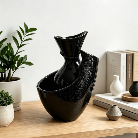 Modern Abstract Printed Vase, Irregular Shaped Textured Flower Vase, Decorative Centerpiece for Home Office, 3.94 in, Black