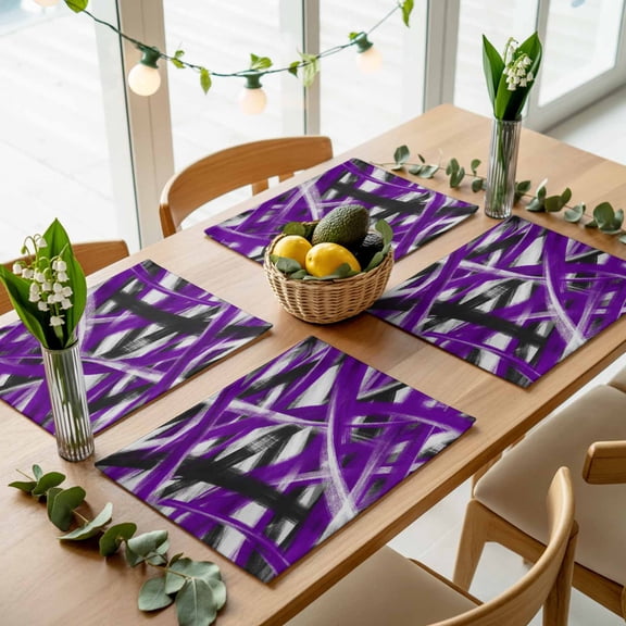 Modern Abstract Purple Line Art Placemats Set of 4,Wipeable Washable Table Mats for Dining Tables, Black White Striped Place Mats for Kitchen Event Party Tabletop Decor