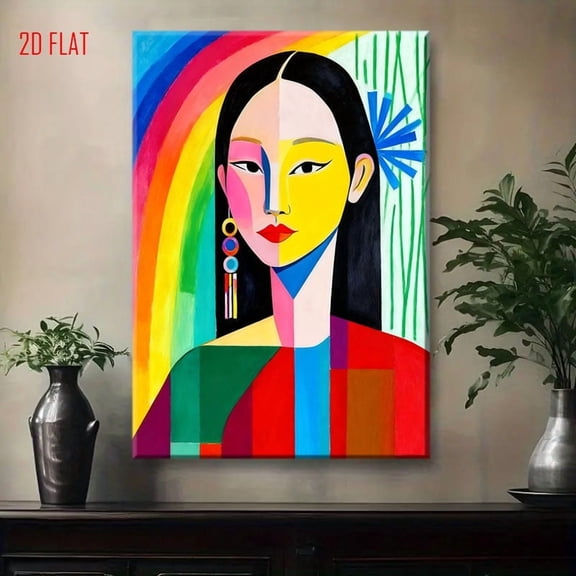 Modern Abstract Rainbow Woman Face Wall Art - 2D Flat Geometric Female Portrait Painting with Multicolor Stripes (Pink, Blue, Green, Yellow, Red) - Female Figure Decor for