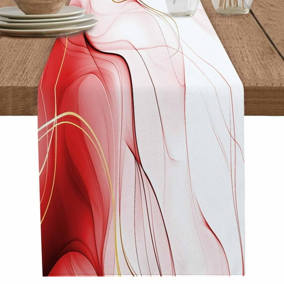 Modern Abstract Red Marble Table Runner-36 Inch Long Gold Water Ripple Table Runners Linen Burlap Tablerunner for Kitchen Dining Room Holiday Party