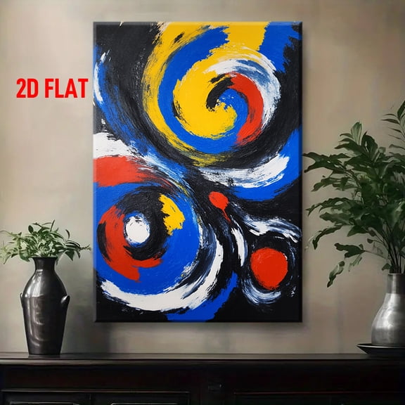 Modern Abstract Red Yellow Blue Black Vortex Wall Art - Bold Multicolor Swirl Painting with Wrapped Canvas Frame, Vibrant Red Yellow Blue Black White Contemporary Home Decor for Living Room