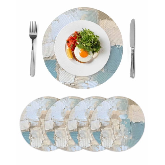 Modern Abstract Round 13 Inch Placemats Set of 4, Blue Brown Color Blocks HeatResistant Non Slip Place Mats for Dining Table, Wipeable Braided Kitchen Table Mats for Housewarming