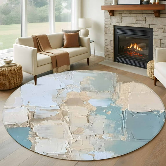 Modern Abstract Round Area Rug 6 FT, Non Slip Bedroom Area Rug, Blue Brown Color Blocks Washable Soft Circular Carpet Non-Shedding Floor Mat for Kitchen Dining Room Home Office Kids Room