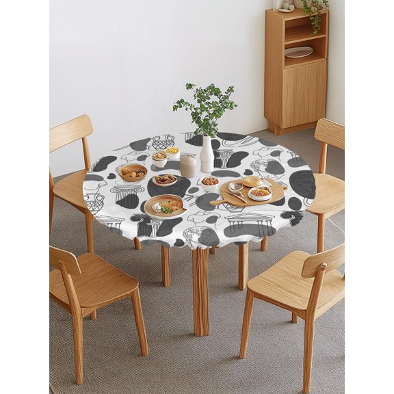 Modern Abstract Round Fitted Tablecloth with Elastic Edge, Grey Classical Ancient Greek Sculptural Heads Waterproof Stretch Table Covers for 36"-44" Tables Wipeable Table Cloth for Outdoor