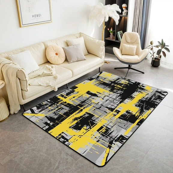 Modern Abstract Rugs,Artistic Yellow And Gray Hippie Graffiti Non-Slip Rugs For Playroom Bedroom Decor,Street Style Brush Smear Paint Indoor Mat Rug 2x3ft