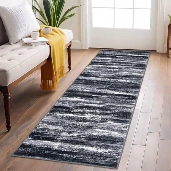 Modern Abstract Runner Rug 2x6, Black Grey Washable Entryway Runner Non-Slip Soft Hallway Rug Runner Thin Print Faux Wool Carpet for Kitchen Bedroom Laundry Room Indoor