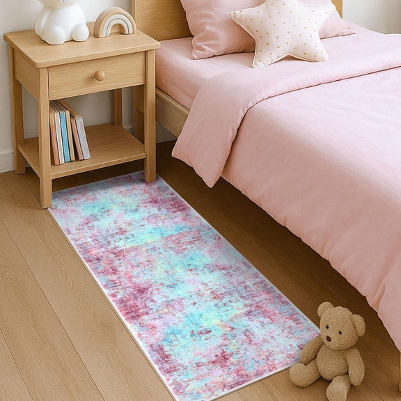 Modern Abstract Runner Rug , Machine Washable Blush Pink Sky for Girls Bedroom Ofiice Runner Non-Slip, Soft Hallway Rug Runner Thin Print Faux Wool Carpet for Entryway, Kitchen
