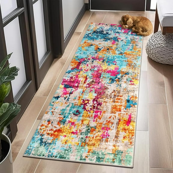 Modern Abstract Runner Rug, Washable Kitchen Runner Non-Slip Soft Hallway Rug Runner Faux Wool Carpet for Entryway Bedroom Laundry Room Indoor Home, 2x8, Color