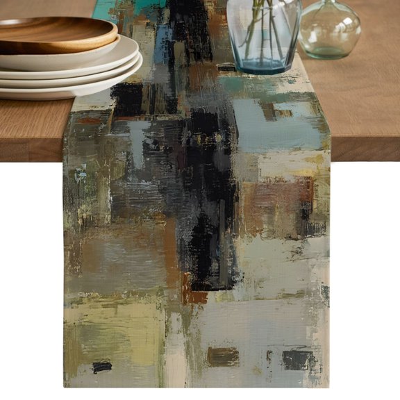Modern Abstract Short Table Runner 36 Inches Long,Country Color Blocks Teal Brown Cotton Linen Table Runners Dresser Scarves,Fabric Tabletop Scarf Furniture Cover for Home Dinner Party Decor 13"x36"