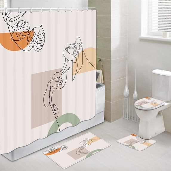 Modern Abstract Shower Curtain Set with Hooks, Bathroom Sets with Shower Curtain and Rugs, Toilet Lid Cover and Bath Mat, Geometric Shapes and Continuous Line Girl Bathroom Shower Curtain Sets