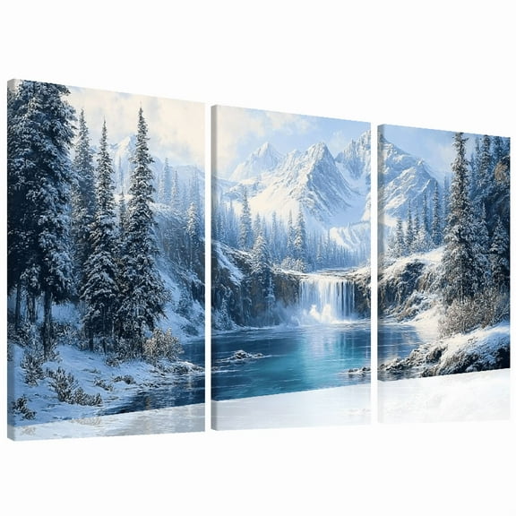 Modern Abstract Snowy Mountain Waterfall Canvas Wall Art Wrap-Around Frame, High-Quality Ink Print, Vibrant Landscape Painting for Living Room, Bedroom, Office, Kitchen Bathroom Decor,12*16inch*3pcs