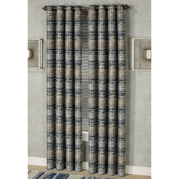 Modern Abstract Spellbound Metallic Champagne Gold Cool Indigo Blue Window Curtain Pair Grommet 100 x 84 Inches