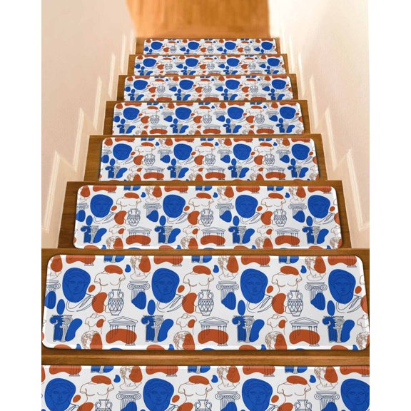 Modern Abstract Stair Treads Blue Red Classical Greek Sculptural Heads Indoor Non Slip Peel and Stick Stair Treads for Wooden Steps 7 PCS, Soft Adhesive Staircase Mats Runner Rugs 8"x30"