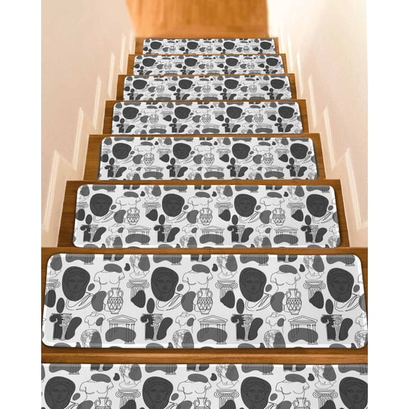 Modern Abstract Stair Treads Grey Classical Ancient Greek Sculptural Heads Indoor Non Slip Peel and Stick Stair Treads for Wooden Steps 4 PCS, Soft Adhesive Staircase Mats Runner Rugs 8"x30"