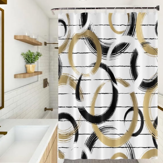 Modern Abstract Style Shower Curtain Black White Round Pattern Geometric Lines Shower Curtains for Art Aesthetic Bathroom Waterproof Fabric Decor Set with Hooks, 72W x 84H Inch