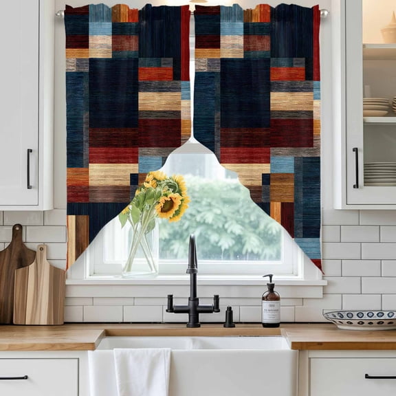 Modern Abstract Swag Curtain Valance for Windows, Geometric Architectural Art Color Blocks in Deep Navy Window Treatments Short Swag Topper for Kitchen Windows Bathroom Bedroom, 28"x36"
