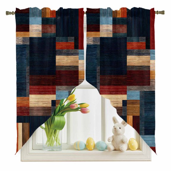 Modern Abstract Swag Kitchen Curtain Valances, Geometric Architectural Art Color Blocks in Deep Navy Rod Pocket Curtains Window Treatment Decor Valances for Bedroom Bathroom, 2 Panels 28 x 36 Inch