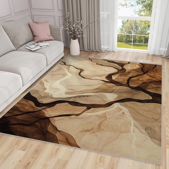 Modern Abstract Swirl Area Rugs, Brown Gradient Carpet, Washable Non Slip Low Pile Soft Rug for Bedroom Living Room Decor Mat 2x3ft