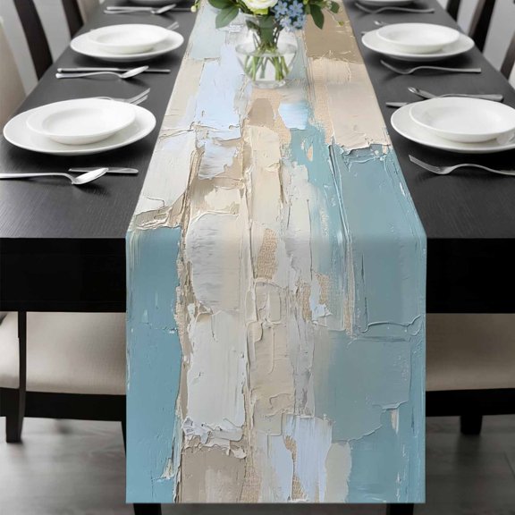 Modern Abstract Table Runner 36 Inches Long, Blue Brown Color Blocks Kitchen Coffee Dining Table Decoration for Home Party Birthday Wedding Home Decor 13x36 Inches
