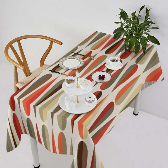 Modern Abstract Tablecloth, Retro Mid Century Drop Shapes Geometric Table Cover for Kitchen Daily Dinning Party Tabletop Decor, Red Orange Rectangle(60x120in)